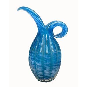 VTG Mid Century Japan Art Glass Handblown Small Pitcher Vase Blue White Swirl
